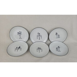 Crate & Barrel Ceramic Party Plates Appetizer Whimsical Lounge Scenes Set of 6